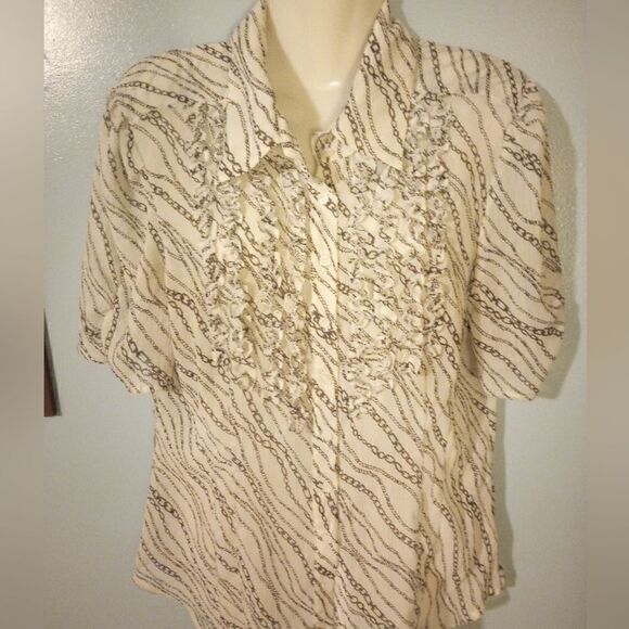 Worthington sheer ruffled front chain print blouse - Picture 1 of 11